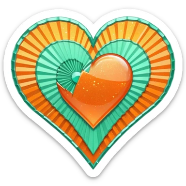 orange glittery heart, chopped  in pieces like shattered glass edges  with a couple mint green art deco fans in the center sticker