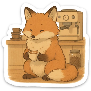 soft fluffy full-body fox holding a tiny latte cup, brown and beige tones, pastel coffee maker aesthetic, cozy coffee shop vibe, gentle warm atmosphere, Ghibli style sticker