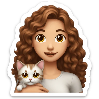 Girl long curly brown hair smiling et tenant brown eyes and holding a cat in her arms sticker