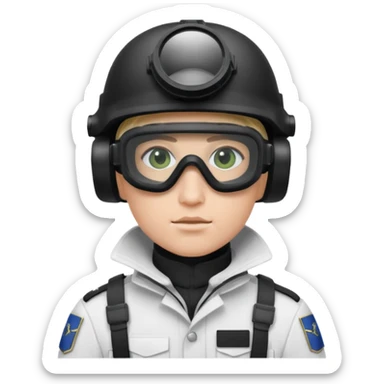 A Finnish modern soldier in a white snow uniform. with black night vision goggles sticker