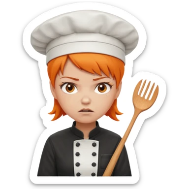 girl, Short orange hair, angry, wearing chef uniform and chef hat sticker