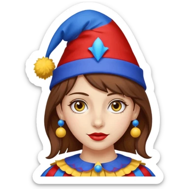 a girl with brown hair a blue and red jester hat with yellow pom pom's at the tip of the jester hat her eyes a patren of red and blue  sticker