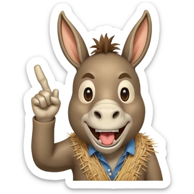 A donkey with a piece of straw in their mouth laughing hysterically while pointing up the middle finger sticker