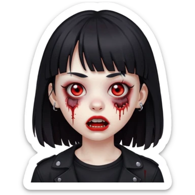 uma garota zumbi, com piercing na boca e no nariz, com olhos vermelhos, cabelos pretos e com franja, e roupa preta sticker