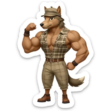 extremely super-duper hyper muscular wolf furry extremely exaggerated muscles with chiseled face, horse-length bullneck and an elongated snout, wearing a plaid dress shirt halfway buttoned, khaki dress slacks and very large newsboy cap on his head while flexing his bicep muscles sticker
