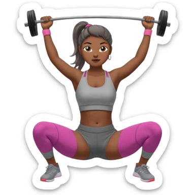 Mujer en gimnasio, peruana con coleta top corto gris y pantalón gris. Haciendo jalón al pecho  sticker