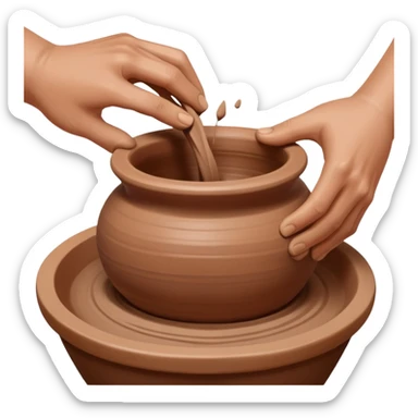 Hands making pottery, one hand inside clay vessel, one hand outside, pinching and lifting clay on a spinning pottery wheel sticker