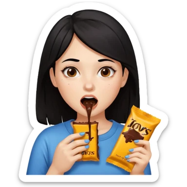 Weird Girl with black hair eating chocolate and chocolate is all over her face sticker