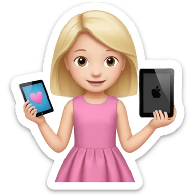 kid girl hold a tablet, pink dress sticker