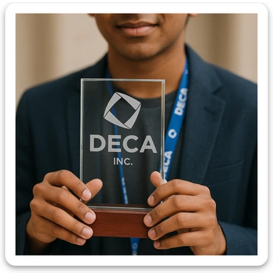 Close-up of an Indian teenage boy's hands holding the official DECA glass trophy: a rectangle of clear glass on a wood base, with the DECA logo and etching visible. The background is blurred, focusing on the trophy and the boy's hands, with a hint of a DECA lanyard. sticker