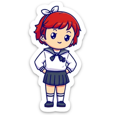 Serious anime girl with short bright red hair wearing Japanese sailor style school uniform, composed expression with hand on hip, confident and stern sticker