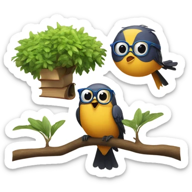 two birds in a tree but another bird wearing glasses and with a book sticker