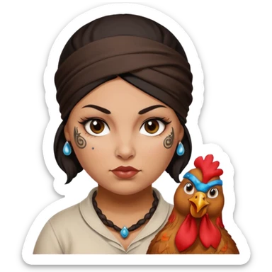 Dark haired heavyset woman, hairnet bandana tied around her forehead, brown teardrop tattoo under right eye, brown chicken drumstick tattoo on her left cheek sticker