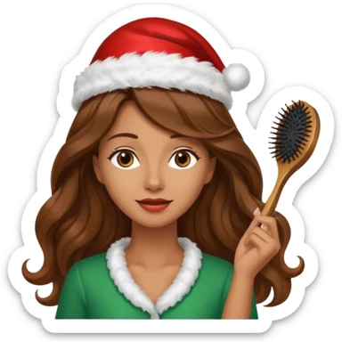 mujer peinandose en la peluqueria y con un gorro de navidad, cabello largo café y ondulado sticker