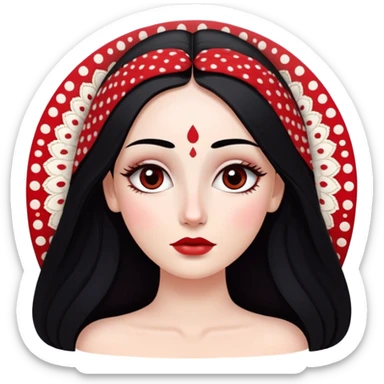White girl with long oval shaped face, large almond shaped eyes with long eyelashes, long straight black hair falling in front of her bare shoulders, face closeup, with detailed pattern of red and white gopi dots in decorative arrangement above eyebrows sticker