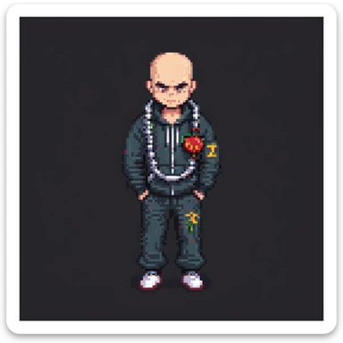 Pixel art thug in tracksuit, holding chain, bald head, angry expression, side view, retro arcade sprite
 sticker