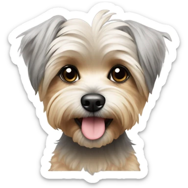 yorkie bichon mix. dog with light tan and grey messy fur, long ears down. Black eyes. sticker