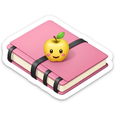 libreta de anillos rosada en perspectiva isometrica con sticker de carita feliz amarilla, sin rubor rosa, con aspecto de emoji de apple sticker