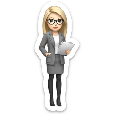 full height pale skin woman with cold blonde straight hair, care haircut, White blouse, Gray oversize jacket, Gray skirt and metal glasses holding a color palette in the hands sticker