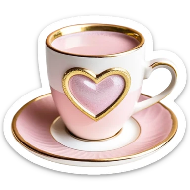 Una tazza di caffè scintillante, rosa pastello, decorata con dettagli dorati e una cascata di glitter che brilla al sole. Il manico è scolpito a forma di cuore, con un delicato fiocco di porcellana. All’interno, un caffè fumante sprigiona un aroma irresistibile, avvolto in un’aura magica e sognante. sticker