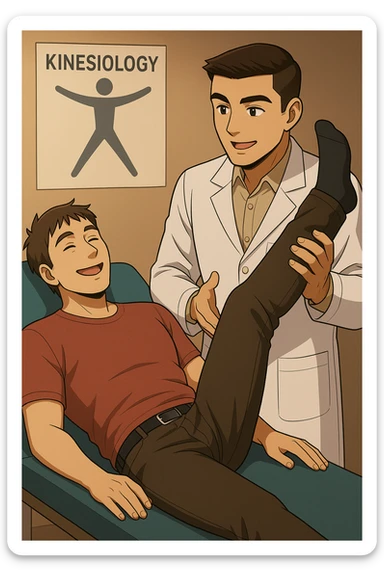 fai un webtoon manga a colori con questo stile, in cui un uomo è steso sul lettino medico e il kinesiologo con il camice bianco (fagli anche la scritta "ANTONIO ANANIA" SUL CAMICE, gli solleva una gamba per fargli il test neuromuscolare, IL KINESIOLOGO SPIEGA ALL'UOMO UNA cosa mentre gli alza la gamba. l'espressione dell'uomo è felice e soddisfatta, non fare i fumetti però, fai solo in modo che sembri stiano parlando, il lettino fai in modo che si veda tutto intero sticker