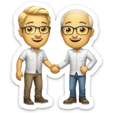 an old restaurant owner, a young blogger in youth clothes, shaking hands, both with light skin, in great detail, in full height sticker