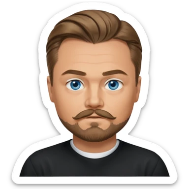 a good looking like leonardo di caprio blue eyes, beard, mustache, a black shirt, green not blue eyes, hair tied to the back sticker