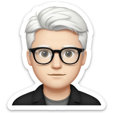 22-year-old white man with fair skin, white hair, and black glasses sticker