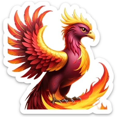 Cinematic Noble Battle-Hardened Mystical Fire Phoenix Portrait Emoji, with scorched, battle-scarred plumage in deep crimson, burnt gold, and smoldering ember hues. Its piercing eyes, hardened by countless conflicts, blaze with unyielding resolve and ancient wisdom. The elongated tail feathers bear vivid marks of fiery combat, rendered with lifelike texture and dynamic highlights, high shine, exuding an aura of mythic martial valor, focused and commanding, with a soft glowing outline that captures a phoenix forged in the fires of war. sticker