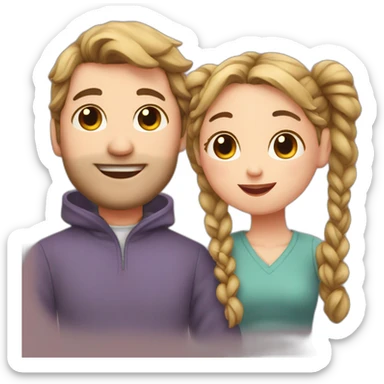 Man loves woman with pigtails, heart between them sticker