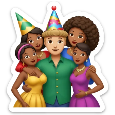 one american italian brunette young man surrounded by three african women with large butts hugging him and each other and grabbing his crotch (emphasis sticker