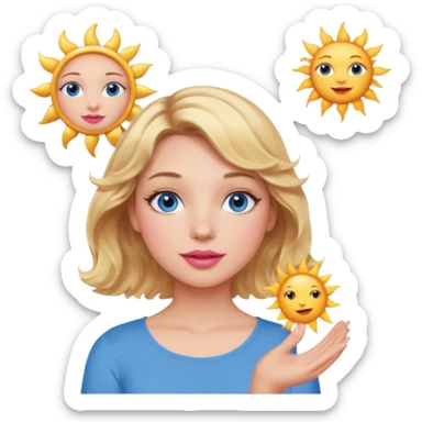 Girl Blonde short wavy hair,  blue eyes, cute blue top, long lashes, pink lips, holding the one sun   sticker