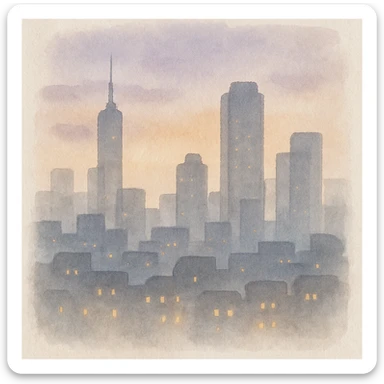 cityscape at dusk, soft glowing lights, modern skyline, subtle purple and orange sky, dreamy painterly style sticker