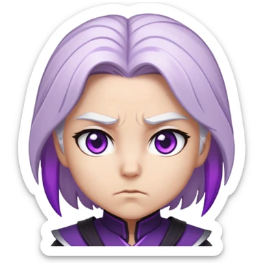 Chibi Sable Ward with intense focus expression, slightly furrowed brows, concentrated stare, white hair with purple streaks, fully purple eyes, determined look sticker