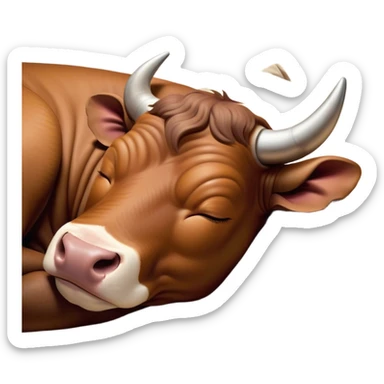 Meme-Worthy Cute Sleeping Brown Bull Portrait Emoji, Head resting peacefully with a contented smile, showcasing a robust, massive build and a luxuriously soft rich brown hide, eyes shut in a serene, restful nap, Simplified yet hilariously adorable features, highly detailed, glowing with a soft, drowsy light, high shine, relaxed and utterly lovable, stylized with an air of playful laziness, bright and heartwarming, soft glowing outline, capturing the essence of a comically sleepy guardian, so meme-worthy it feels like it could instantly become the next viral sensation of adorable slumber! sticker