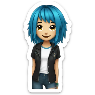 Happy emo girl, black makeup, long choppy blue hair side bangs sticker