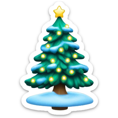 Green Christmas tree with snow on it. blue & white bulbs. Yellow fairy lights. sticker
