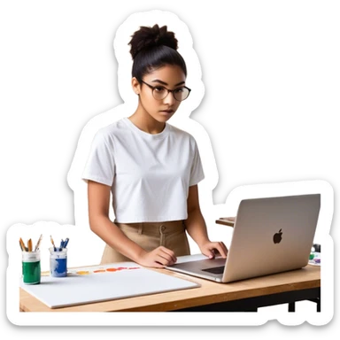 A person is **standing up from their desk**, a determined look on their face. In front of them is a **blank canvas, an open laptop, or a workbench**—a symbol of **taking action**. Their **future self**, glowing with confidence, is **guiding their hands as they type, paint, build, or create something sticker