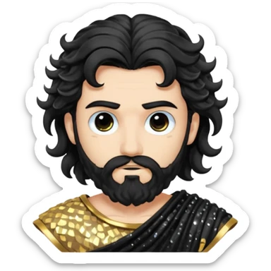 Hades from Greek Gods with long black wavy hair and short beard, black sequin toga sticker