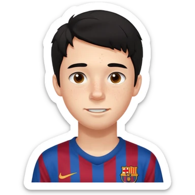 Un chico con pelo liso, demasiado pelo desordenado y negro, tiene pecas, brackets, ojos cafés oscuros y con una camisa del Barcelona sticker