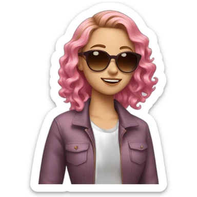white girl with brown and pink wavy hair and sunglasses sticker