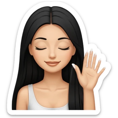 Beautiful woman with long straight black hair, tan skin, closed eyes, smiling, with long eyelashes and white nails, classy elegant style. sticker