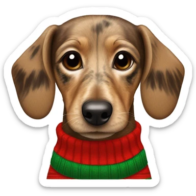 Speckled light brown wire haired dachsund wearing a stripy Christmas jumper sticker