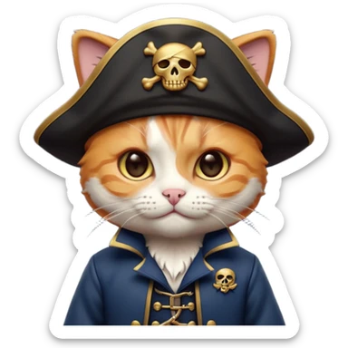 Premium 3D emoji icon of a cute ginger cat pirate, wearing a **deep navy blue** velvet pirate hat with a silver skull icon, and a black and gold captain's jacket. Glossy finish, claymorphism style, soft studio lighting, isolated on white background, 8k resolution, stylized professional look --v 6.0 sticker