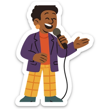 flat toon style comedian with colorful outfit holding a mic sticker