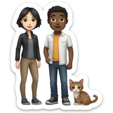 Brunette girl and dark haired boy with their cat sticker