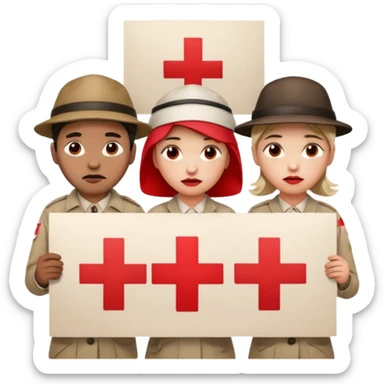 a crowd of people with unhappy faces, holding posters with a red cross painted on them sticker