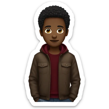 black boy, tight to the head black brown hair, brown eyes, brown jacket, burgundy sweater sticker