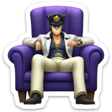 Jotaro kujo sitting in a chair with star platinum sticker