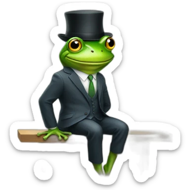 A frog wearing a suit looking straight sitting on a table and wearing a hat sticker